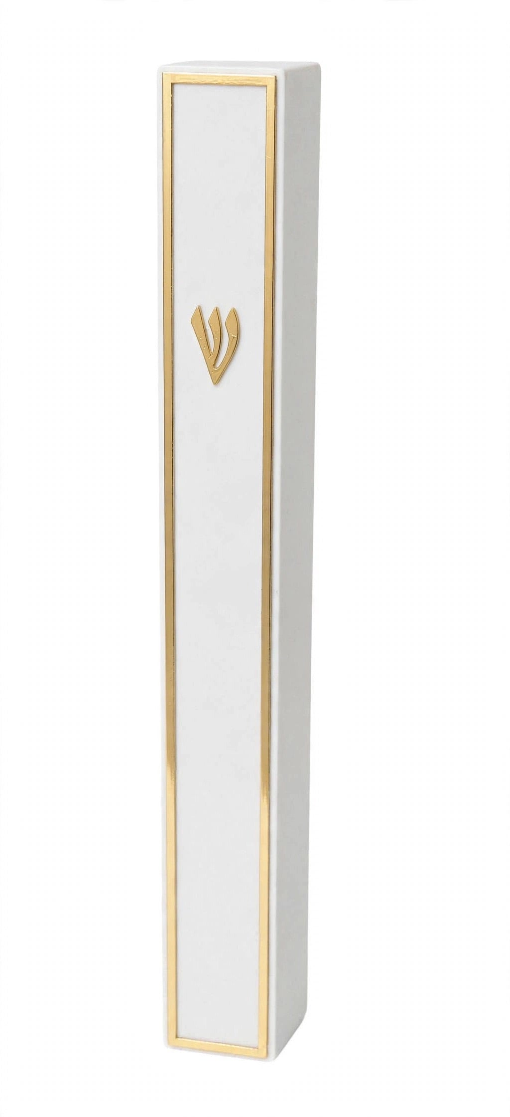 Angled view of the Lumen Gold-Framed White Acrylic Mezuzah, a slim minimalist waterproof mezuzah case made in Israel with a glossy white face, thin gold border and gold Shin, sized for a 5-inch kosher scroll