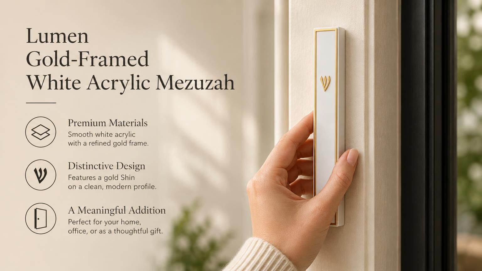 A person holding a Lumen white acrylic mezuzah with gold-toned frame and Hebrew Shin letter.