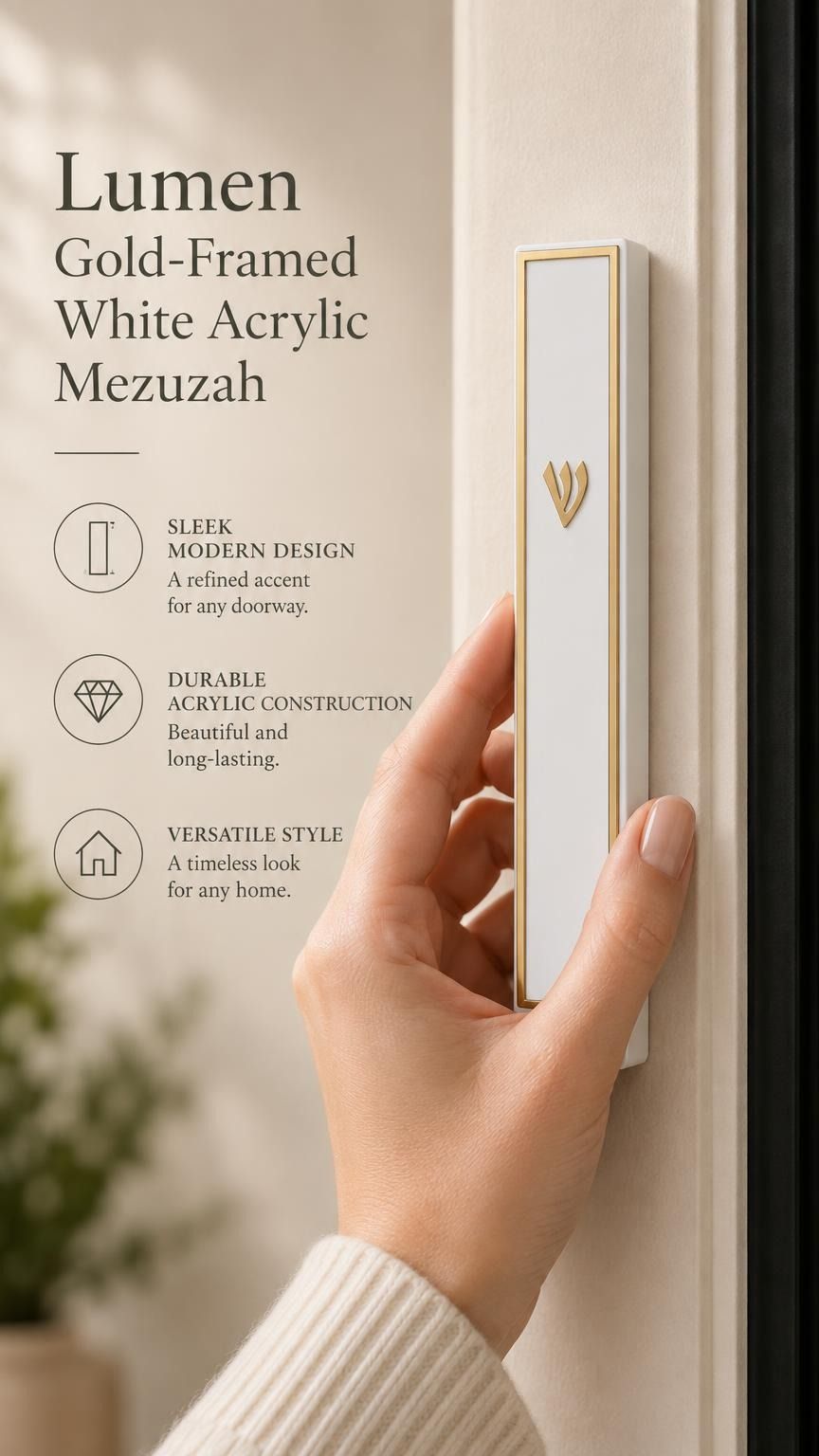 A hand holds the gold-framed white acrylic mezuzah with a prominent Hebrew Shin letter against a soft neutral background.