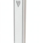Angled view of the Lumen Silver-Framed White Acrylic Mezuzah, a modern waterproof white mezuzah case from Israel with a narrow silver frame and silver Shin, holding a kosher mezuzah scroll up to 5 inches