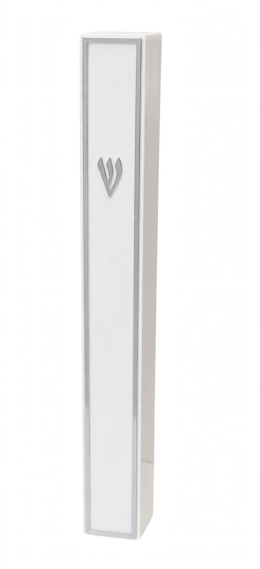 Angled view of the Lumen Silver-Framed White Acrylic Mezuzah, a modern waterproof white mezuzah case from Israel with a narrow silver frame and silver Shin, holding a kosher mezuzah scroll up to 5 inches