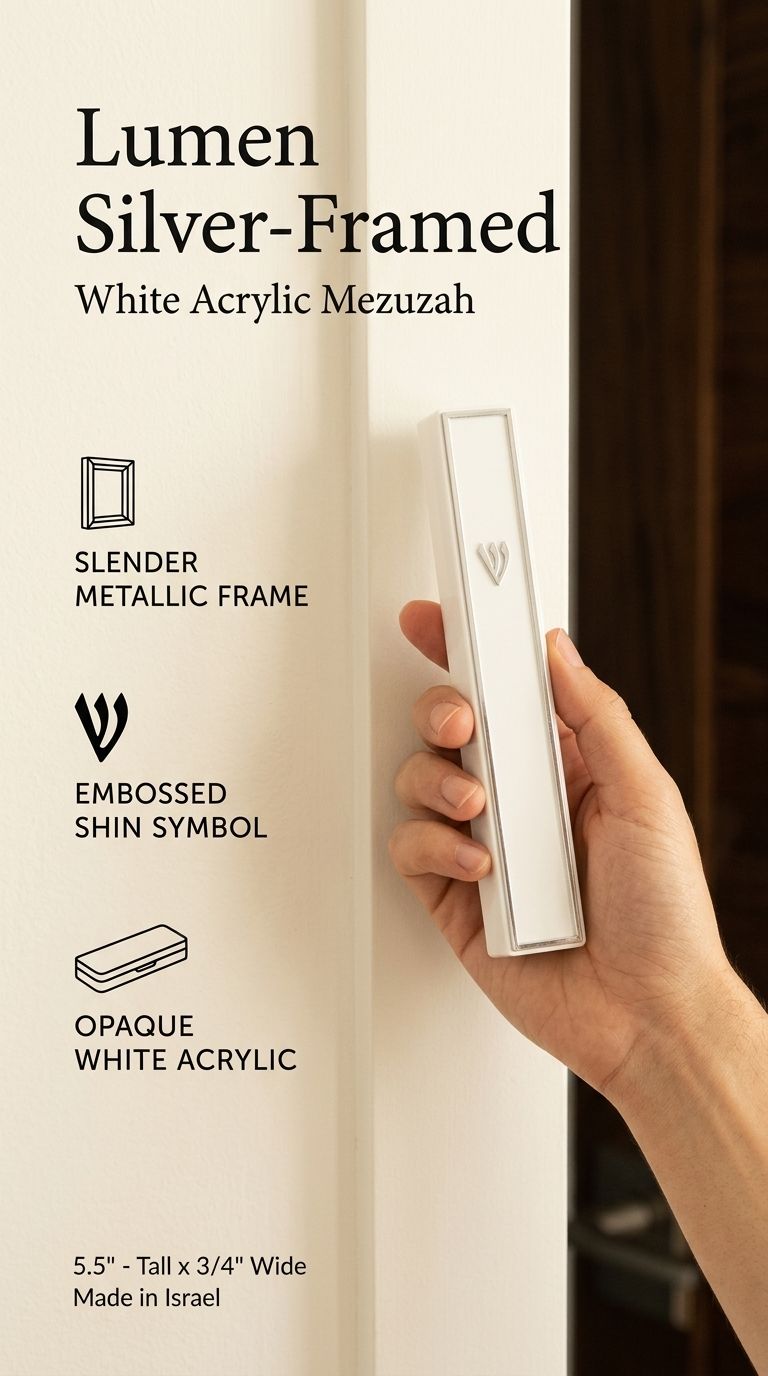 Person holding a slim white acrylic mezuzah case with a silver frame and Shin letter against a clean editorial background.