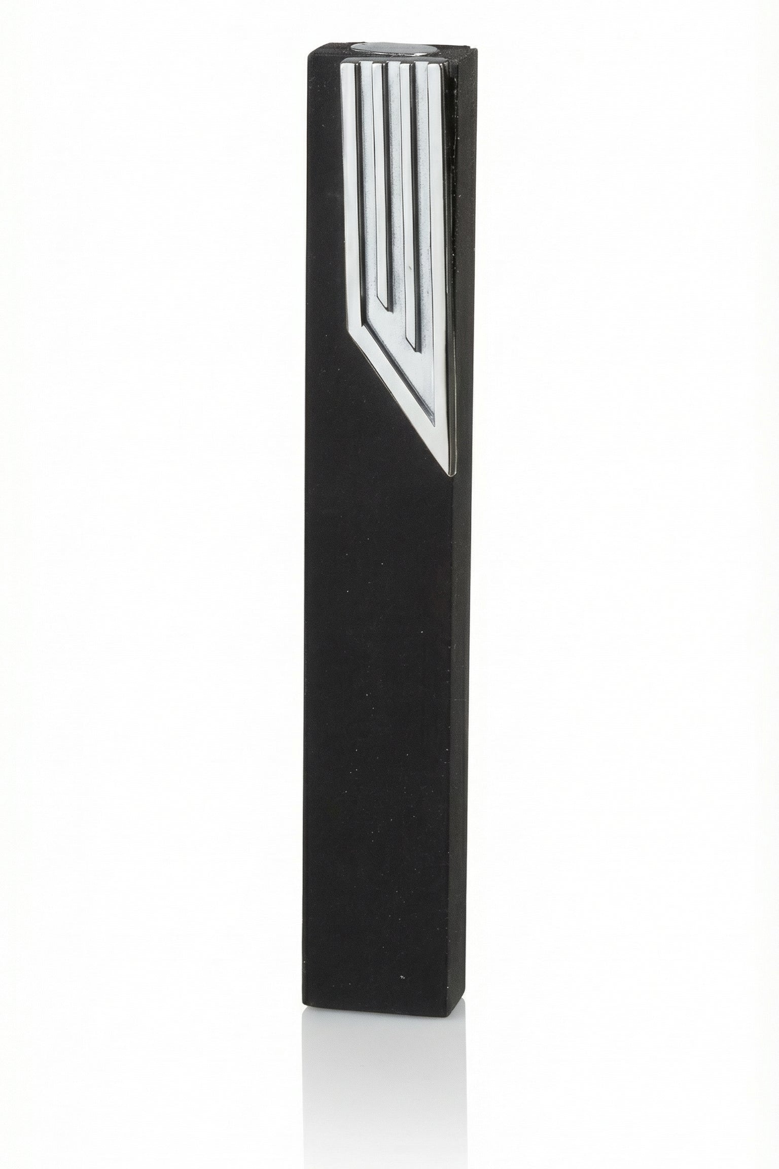 Elegant black aluminum mezuzah with screw cap for outdoor use, suitable for home doors, includes strong mounting tape, made in Israel.