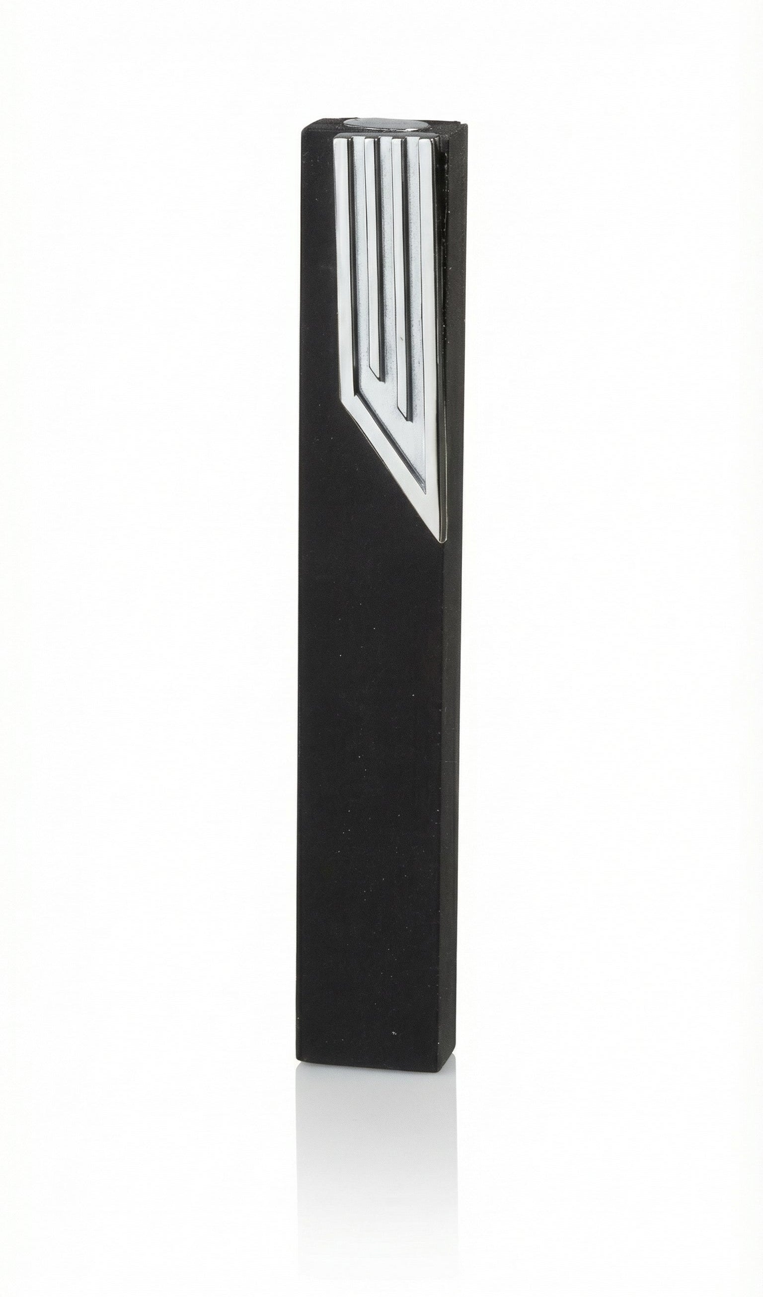 Elegant black aluminum mezuzah with screw cap for outdoor use, suitable for home doors, includes strong mounting tape, made in Israel.