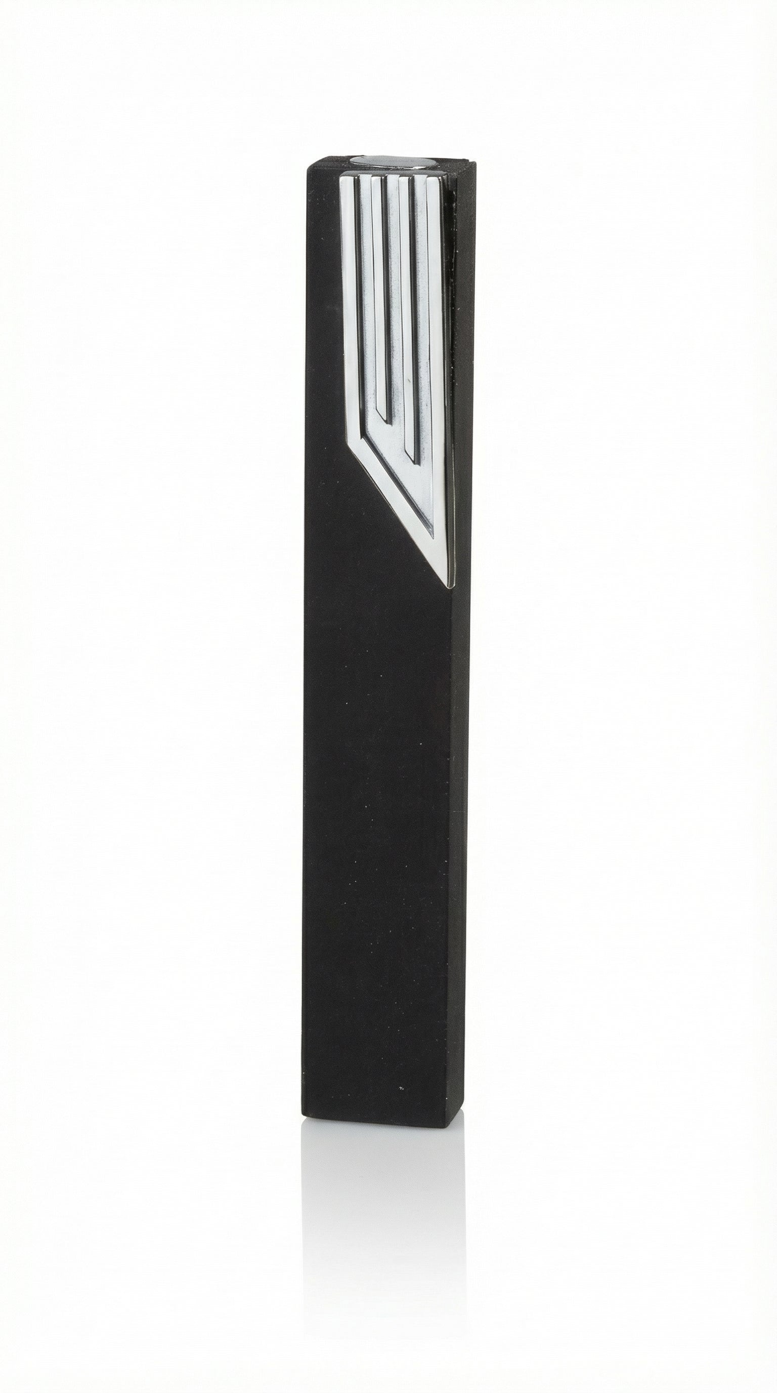 Elegant black aluminum mezuzah with screw cap for outdoor use, suitable for home doors, includes strong mounting tape, made in Israel.