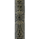 Upscale Levi Mezuzah made of brass, 4 inches tall, with detailed engraved Hebrew lettering and decorative motifs, placed on a white studio background with soft reflection.