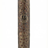 Upscale brass mezuzah with detailed engraved Hebrew letters and decorative motifs, displayed on a clean white background with subtle reflection.