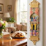 Elegant golden Shabbat candlelight mezuzah with floral details, ornate gold trim, placed on a Jewish interior doorway for a warm, traditional look.