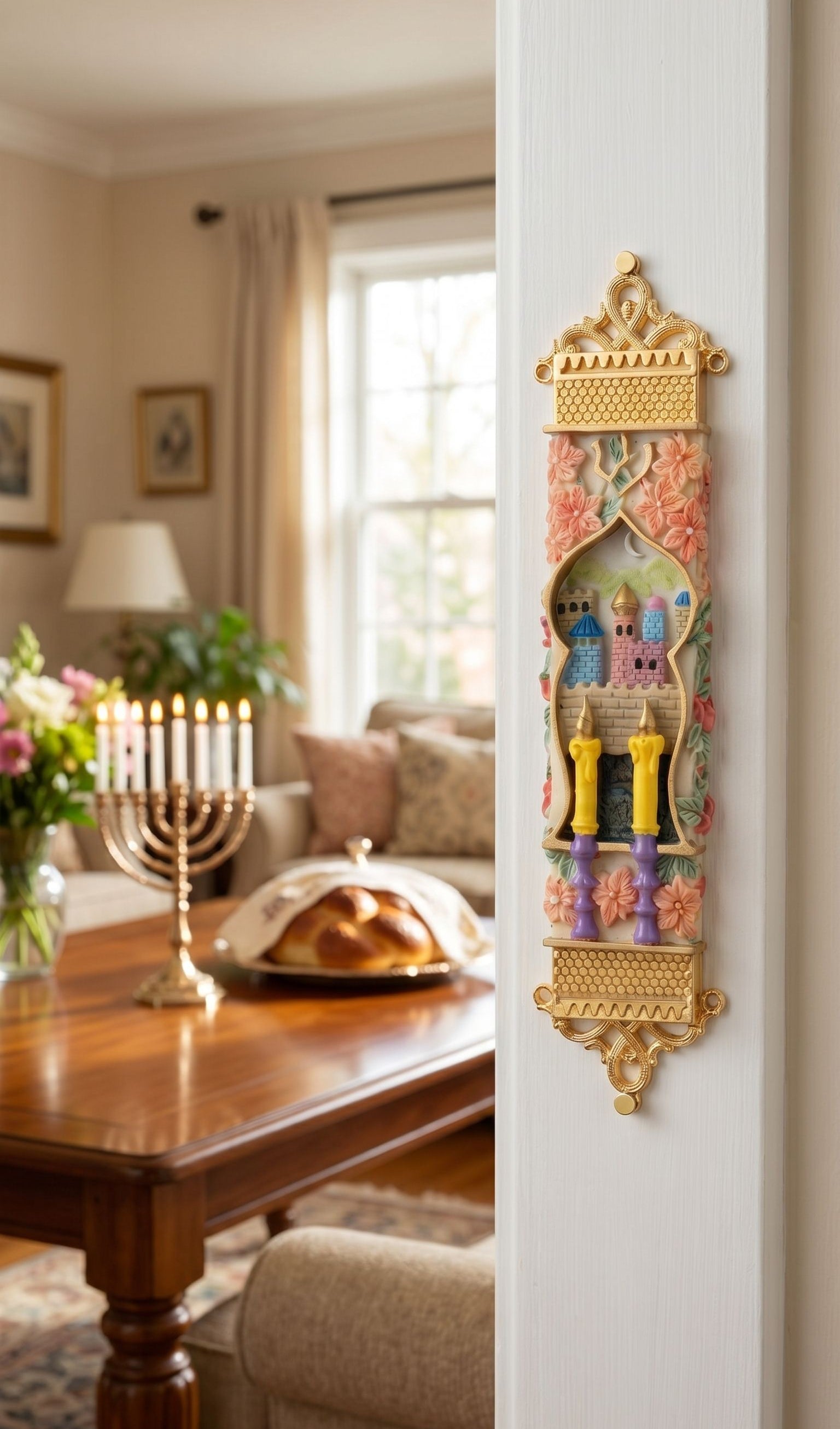 Elegant golden Shabbat candlelight mezuzah with floral details, ornate gold trim, placed on a Jewish interior doorway for a warm, traditional look.