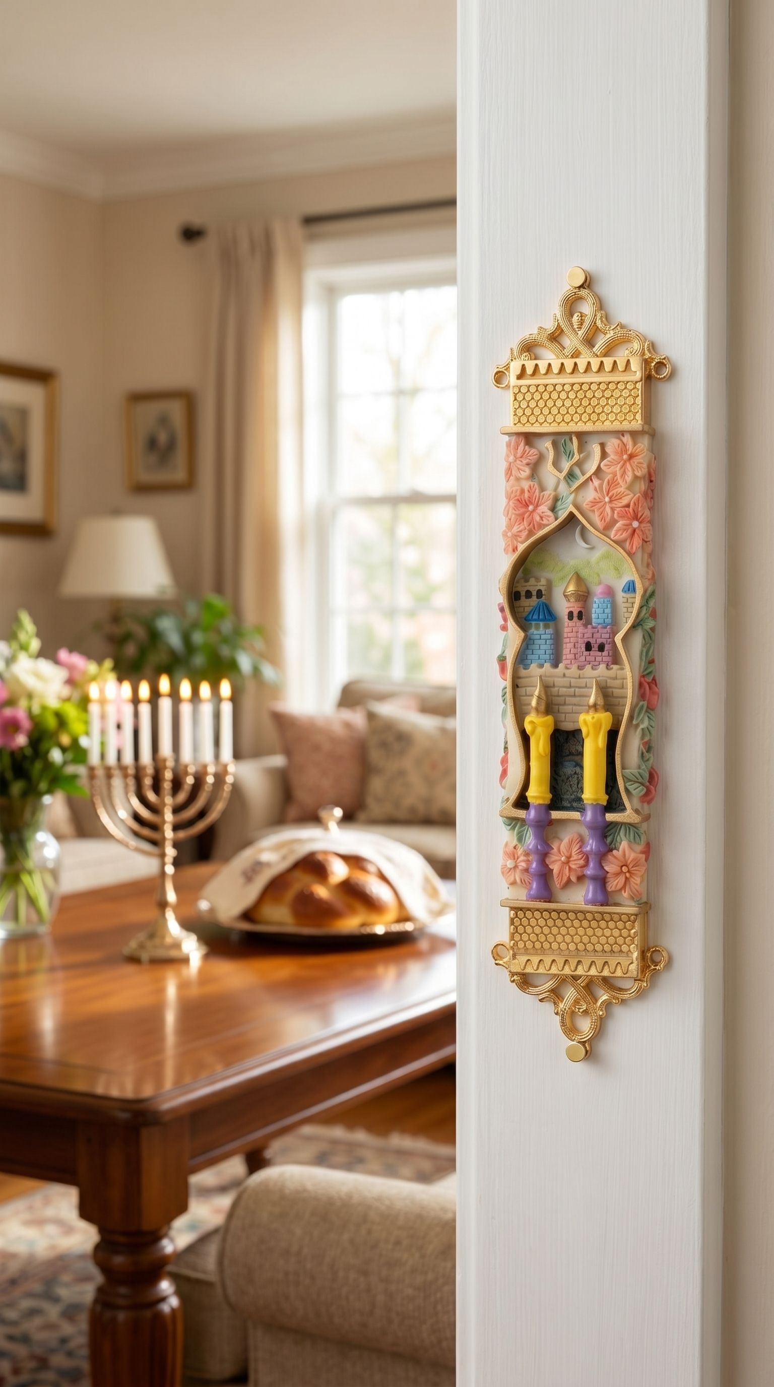 Elegant golden Shabbat candlelight mezuzah with floral details, ornate gold trim, placed on a Jewish interior doorway for a warm, traditional look.