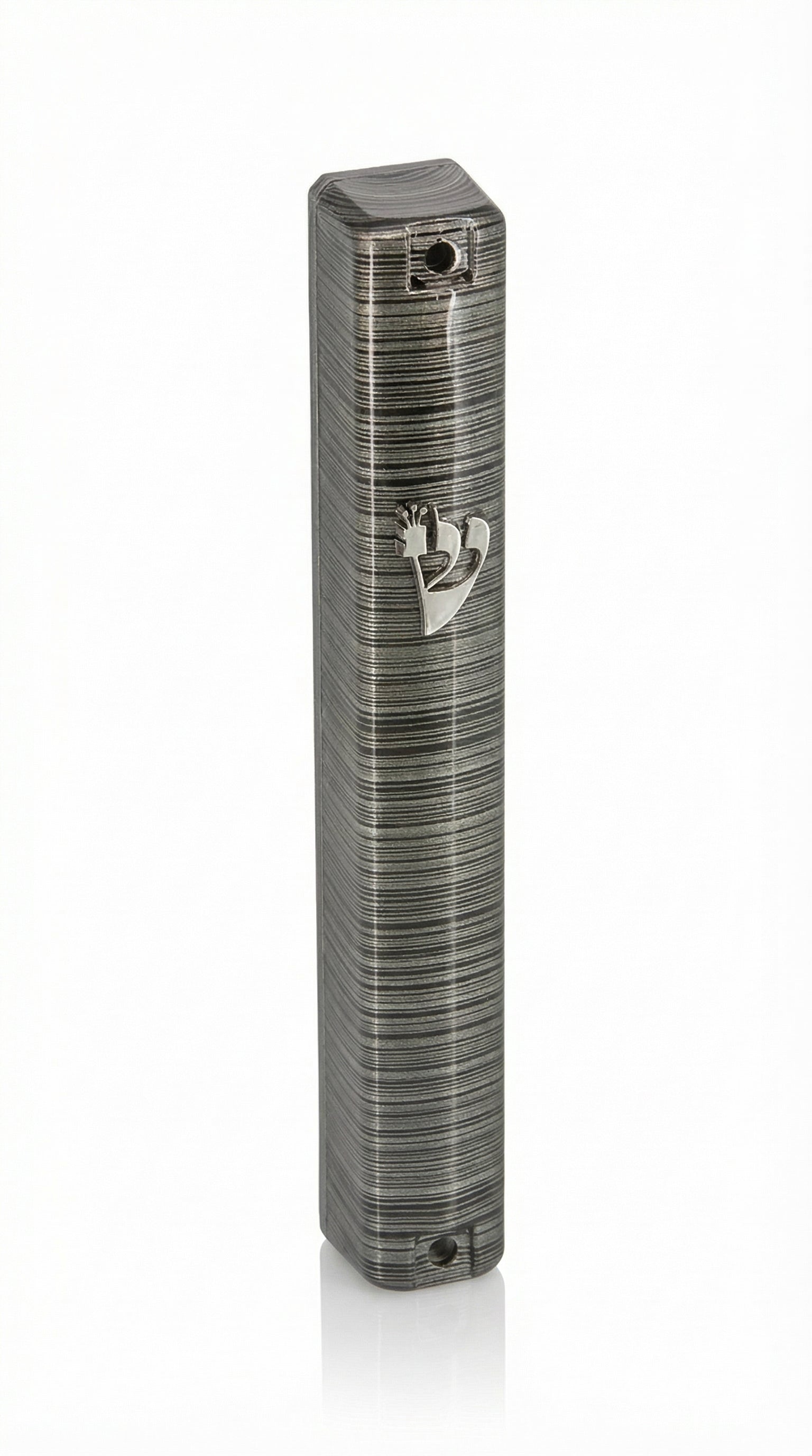 Upscale acrylic Tuxedo Mezuzah with detailed Hebrew engravings on a clean white background with soft reflection.