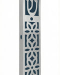 High-resolution image of an upscale Casablanca Mezuzah made of aluminum, displayed on a white studio surface with a soft reflection, precise details preserved.
