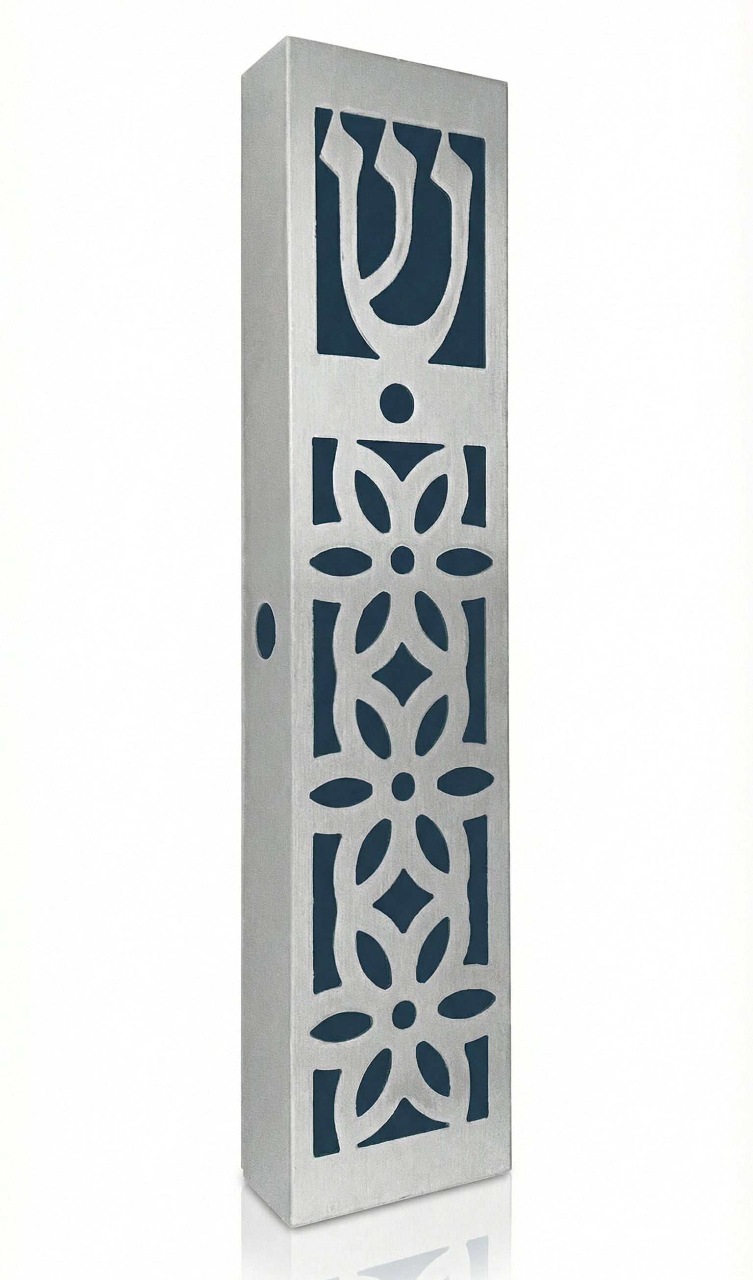 High-resolution image of an upscale Casablanca Mezuzah made of aluminum, displayed on a white studio surface with a soft reflection, precise details preserved.