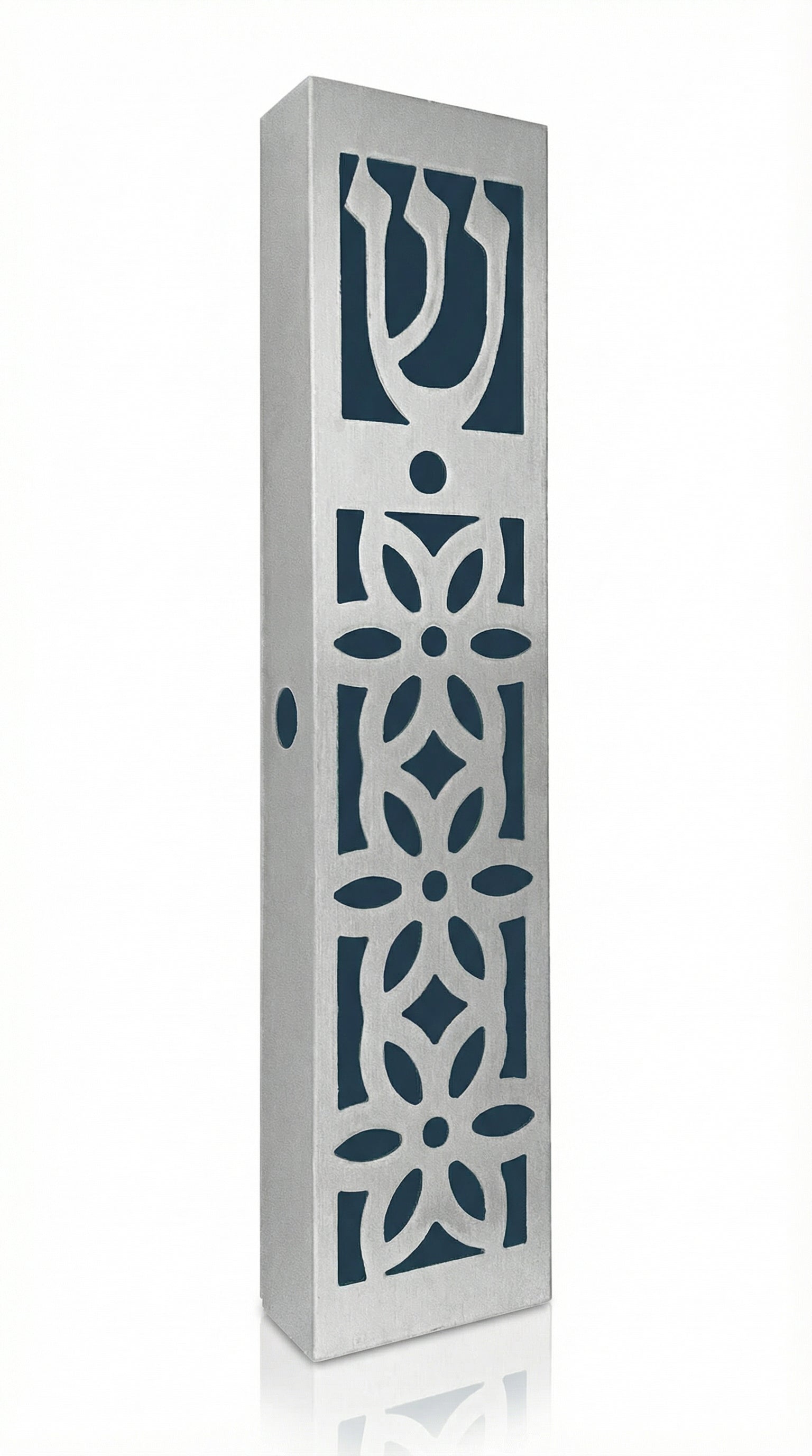 High-resolution image of an upscale Casablanca Mezuzah made of aluminum, displayed on a white studio surface with a soft reflection, precise details preserved.
