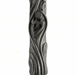 Upscale pewter mezuzah from Israel with detailed Hebrew engravings and decorative motifs, displayed on a white studio background with subtle reflection.