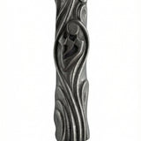 Upscale pewter mezuzah from Israel with detailed Hebrew engravings and decorative motifs, displayed on a white studio background with subtle reflection.