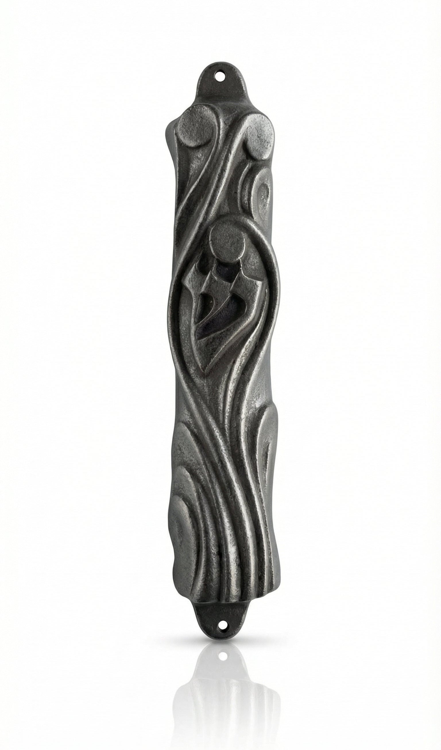 Upscale pewter mezuzah from Israel with detailed Hebrew engravings and decorative motifs, displayed on a white studio background with subtle reflection.