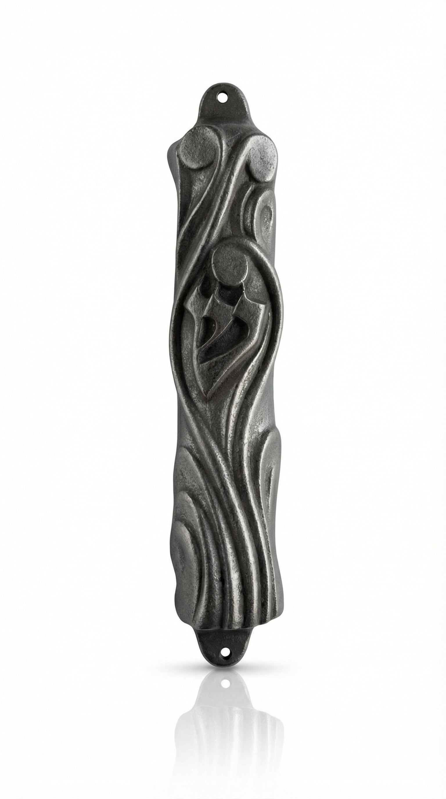 Upscale pewter mezuzah from Israel with detailed Hebrew engravings and decorative motifs, displayed on a white studio background with subtle reflection.