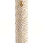 Handcrafted Jerusalem stone mezuzah with gold accents, detailed engravings, Hebrew letters, and elegant surface finish for home decor.