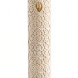Handcrafted Jerusalem stone mezuzah with gold accents, detailed engravings, Hebrew letters, and elegant surface finish for home decor.