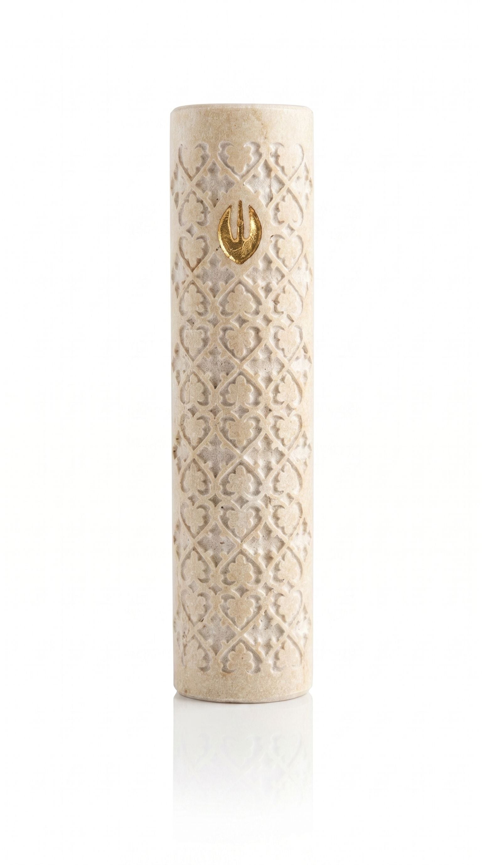 Handcrafted Jerusalem stone mezuzah with gold accents, detailed engravings, Hebrew letters, and elegant surface finish for home decor.