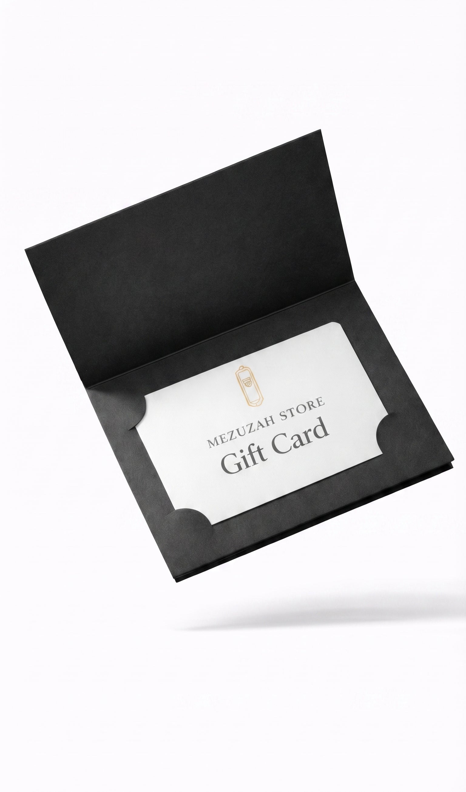 Elegant gift card inside an open matte black holder, showcasing refined typography and a minimalist design for Jewish gifting.