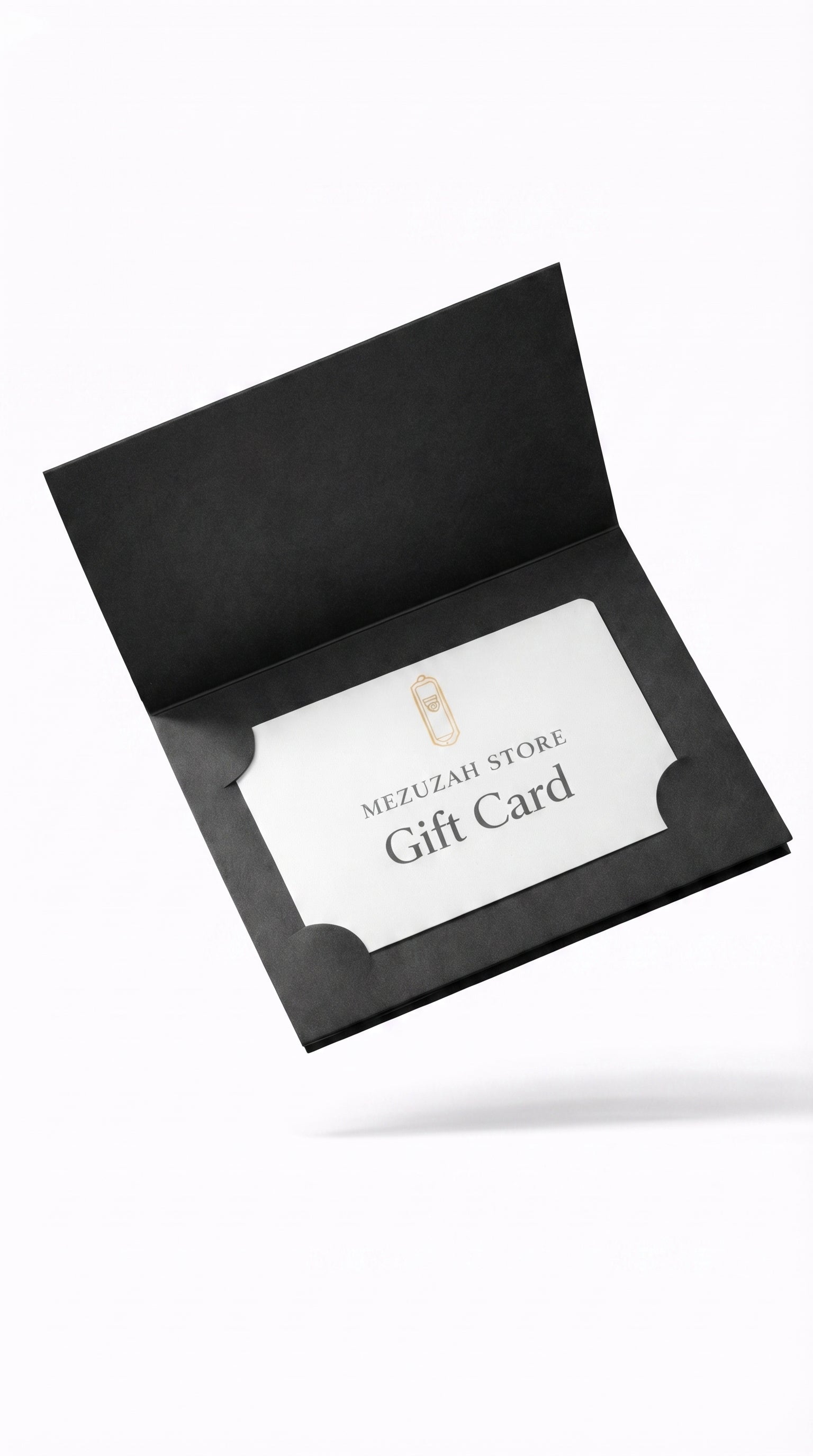 Elegant gift card inside an open matte black holder, showcasing refined typography and a minimalist design for Jewish gifting.