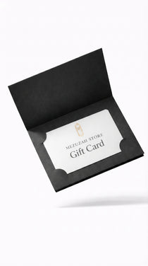 Elegant gift card inside an open matte black holder, showcasing refined typography and a minimalist design for Jewish gifting.