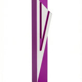 High-resolution image of a sleek purple aluminum Mezuzah with Hebrew Shin symbol, featuring a screw cap, mounted on a white studio background.