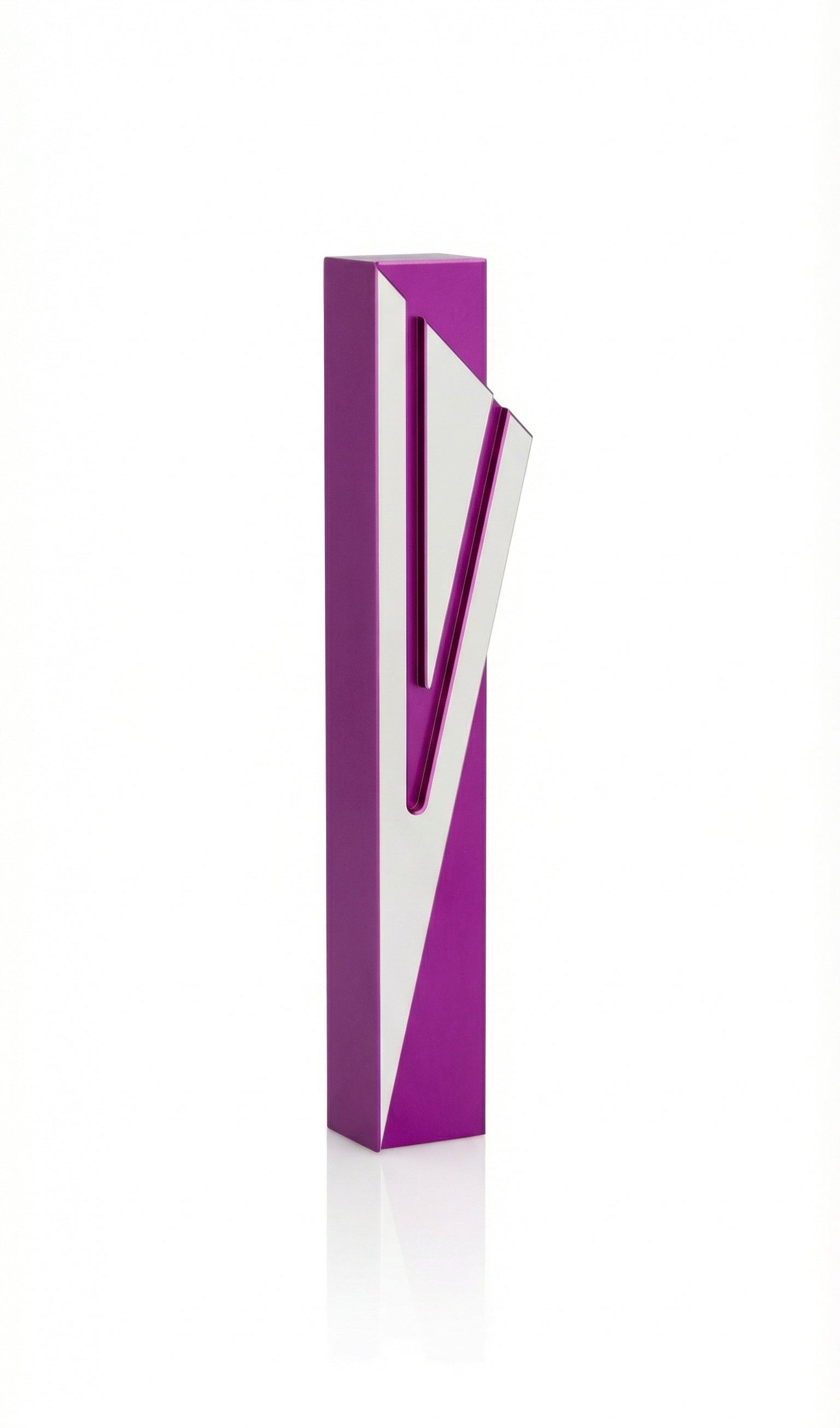 High-resolution image of a sleek purple aluminum Mezuzah with Hebrew Shin symbol, featuring a screw cap, mounted on a white studio background.