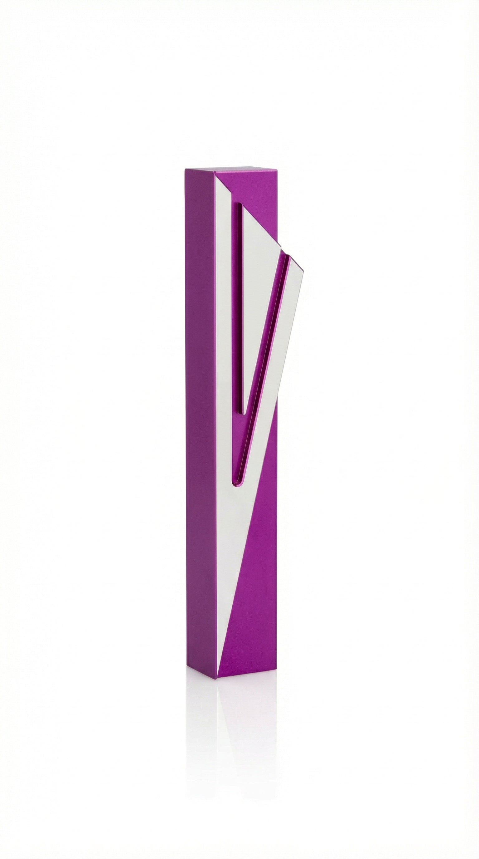 High-resolution image of a sleek purple aluminum Mezuzah with Hebrew Shin symbol, featuring a screw cap, mounted on a white studio background.
