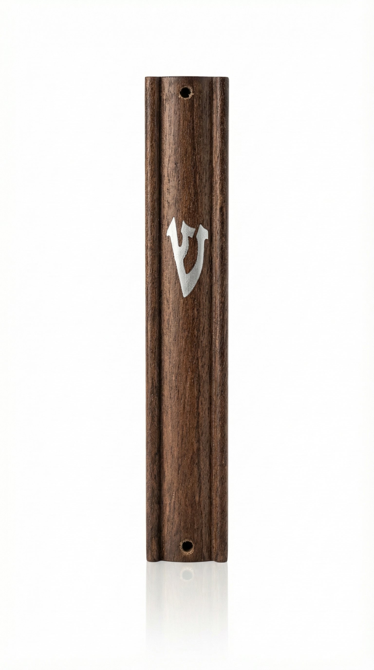 High-resolution image of an Erez Mezuzah crafted from walnut wood, showcasing intricate details, Hebrew engravings, and a polished finish on a white studio background with subtle reflection.