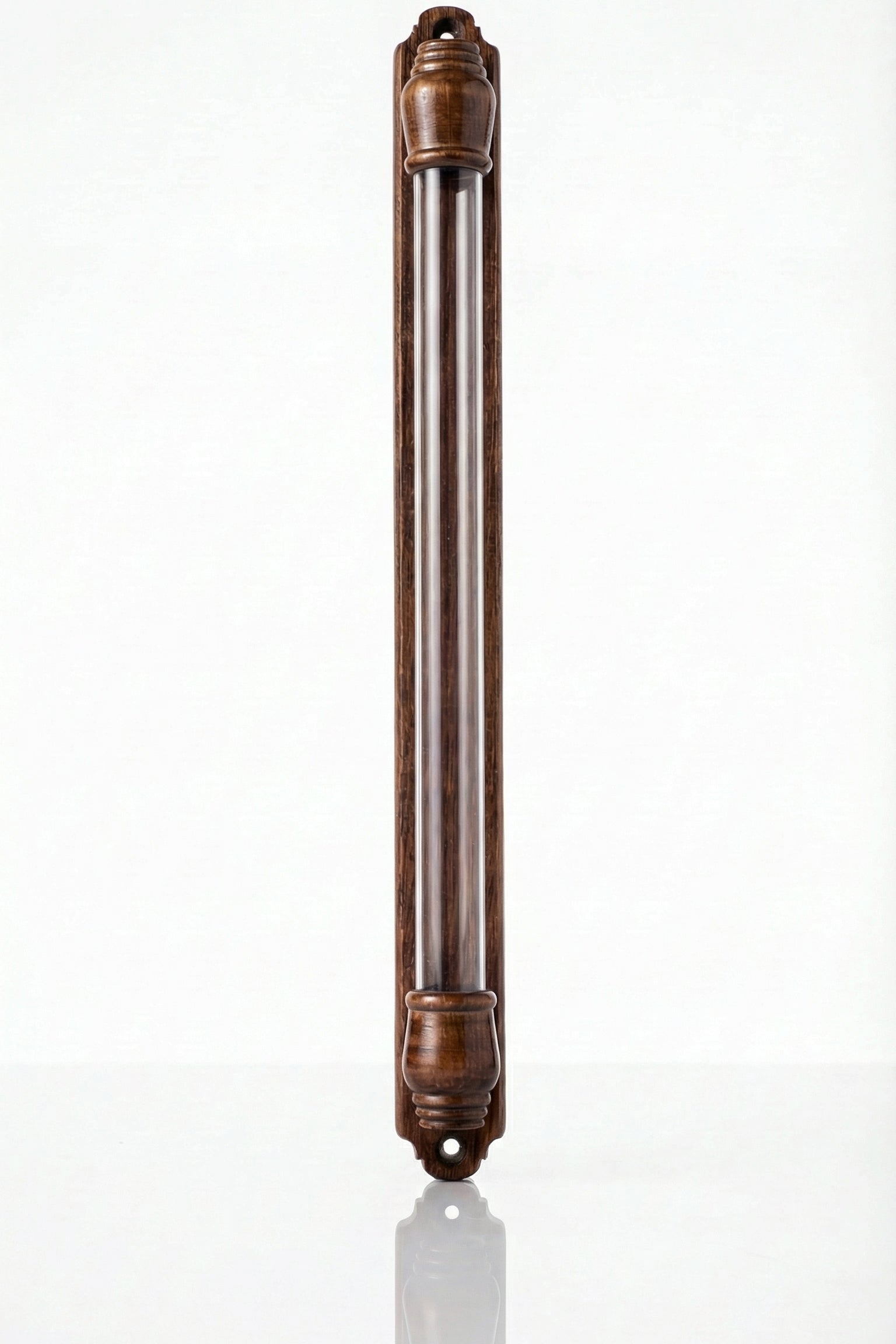 Handcrafted 21-inch mahogany Mezuzah with carved symbols for indoor and outdoor doorways, made in Israel, featuring Hebrew engravings.
