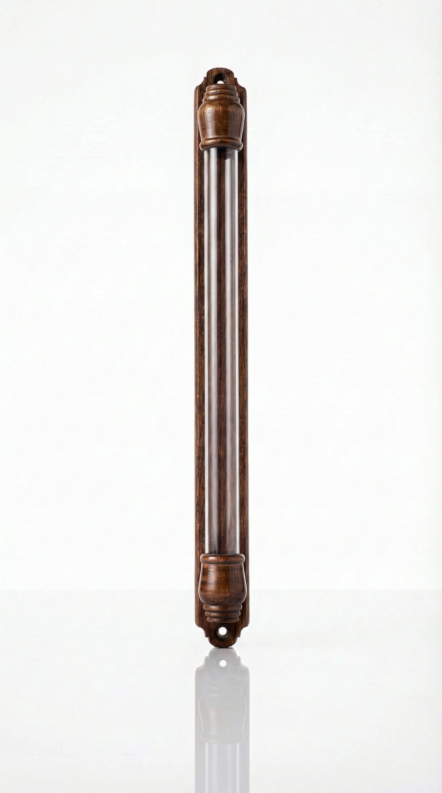 Handcrafted 21-inch mahogany Mezuzah with carved symbols for indoor and outdoor doorways, made in Israel, featuring Hebrew engravings.
