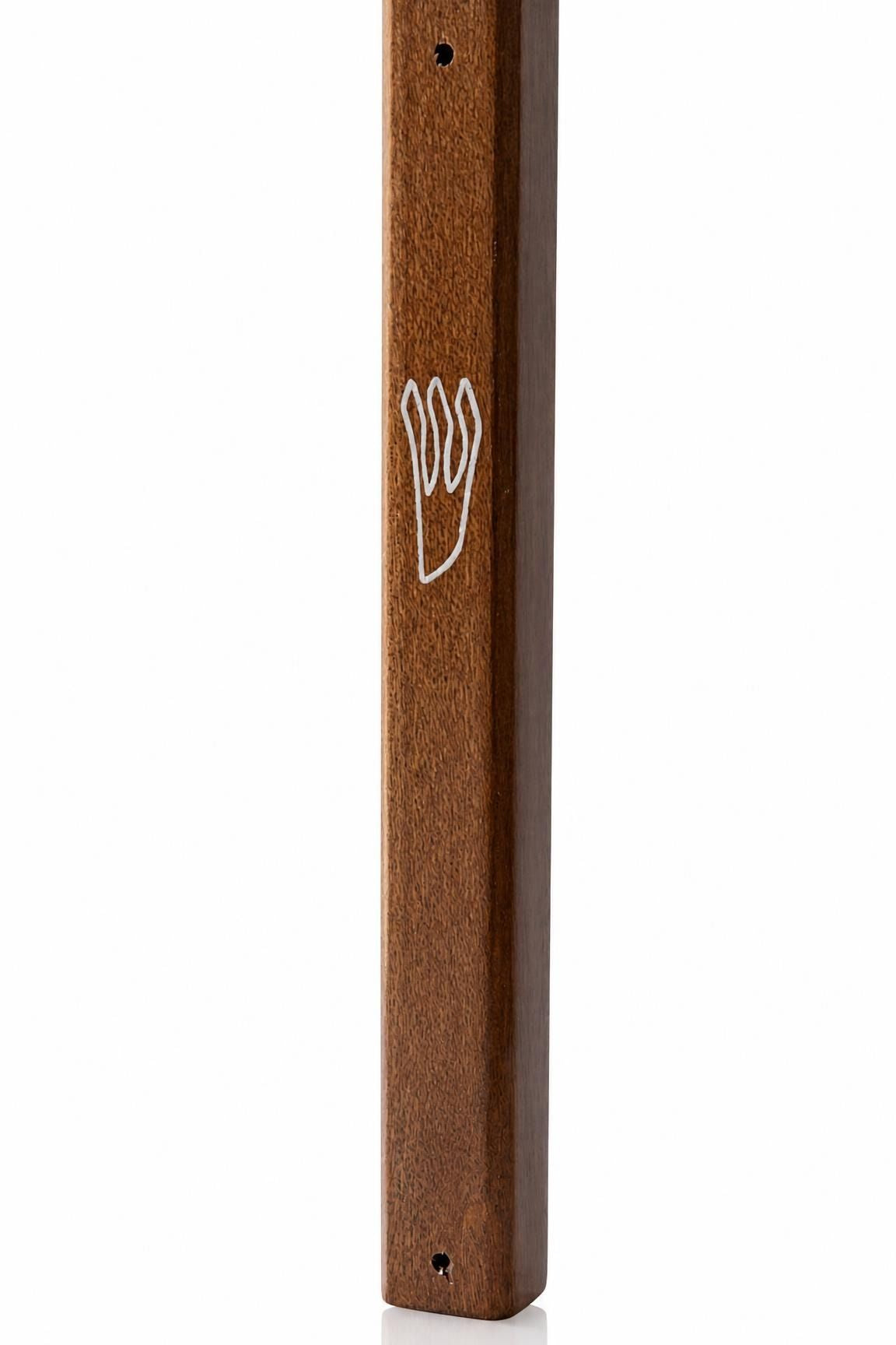 Heartwood mahogany wood mezuzah, 6.5 inches, mounted on a door frame.