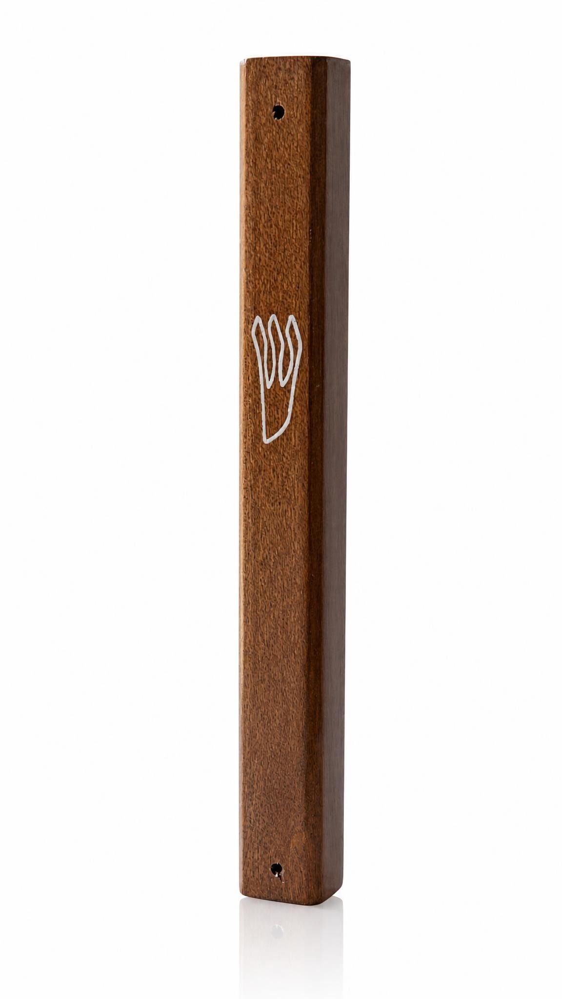 Heartwood mahogany wood mezuzah, 6.5 inches, mounted on a door frame.