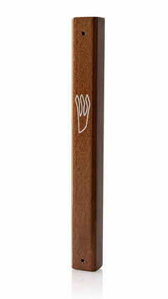 Heartwood mahogany wood mezuzah, 6.5 inches, mounted on a door frame.