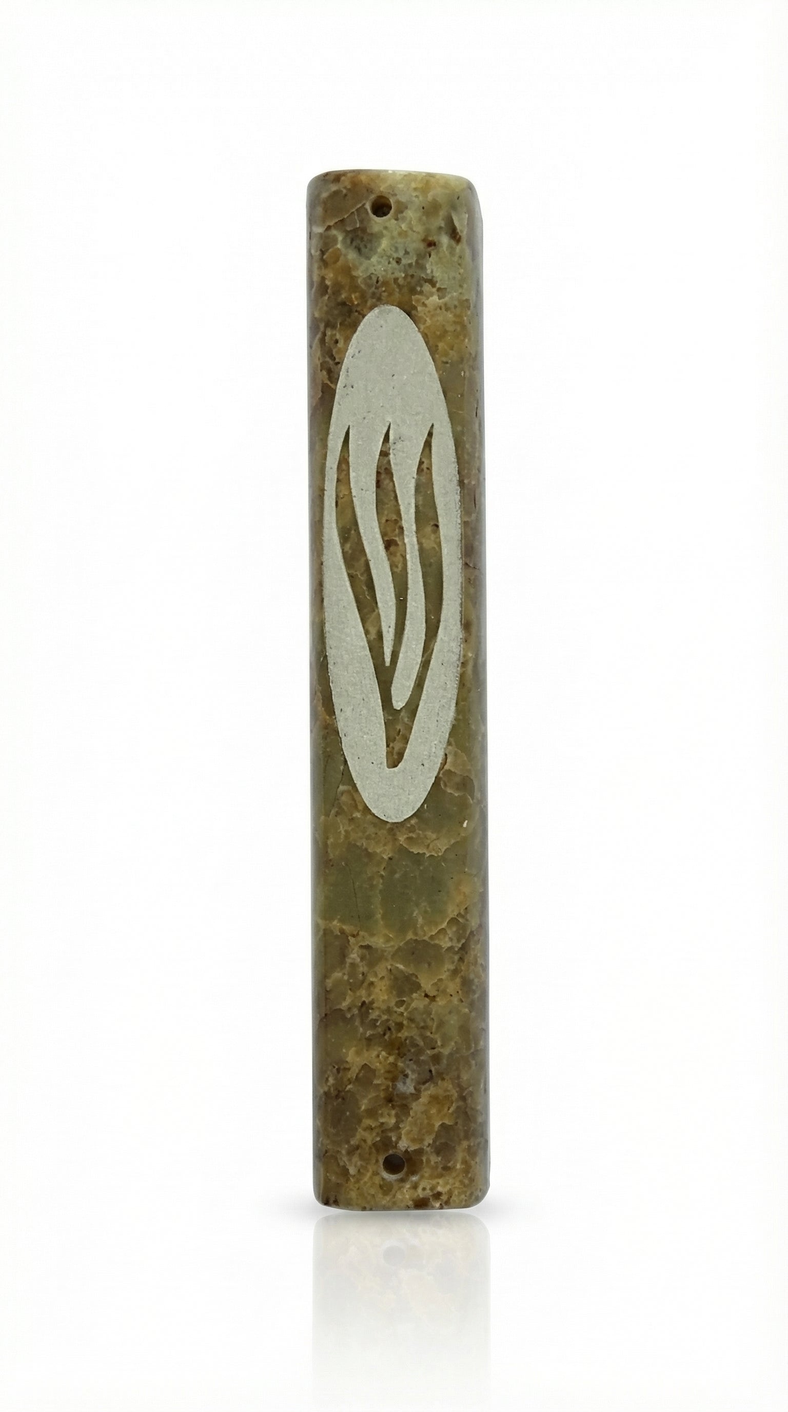 Brown Green Marble large mezuzah case handcrafted in Israel with green and brown natural stone veining, Hebrew detail, and 6-inch size