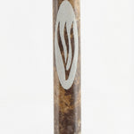 Brown marble mezuzah handcrafted in Israel with detailed engravings and Hebrew letters, presented on a pure white background with a soft reflection.