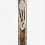 Brown marble mezuzah handcrafted in Israel with detailed engravings and Hebrew letters, presented on a pure white background with a soft reflection.