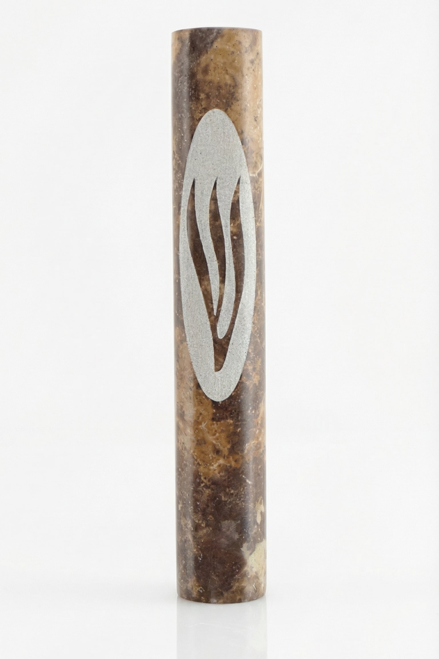 Brown marble mezuzah handcrafted in Israel with detailed engravings and Hebrew letters, presented on a pure white background with a soft reflection.