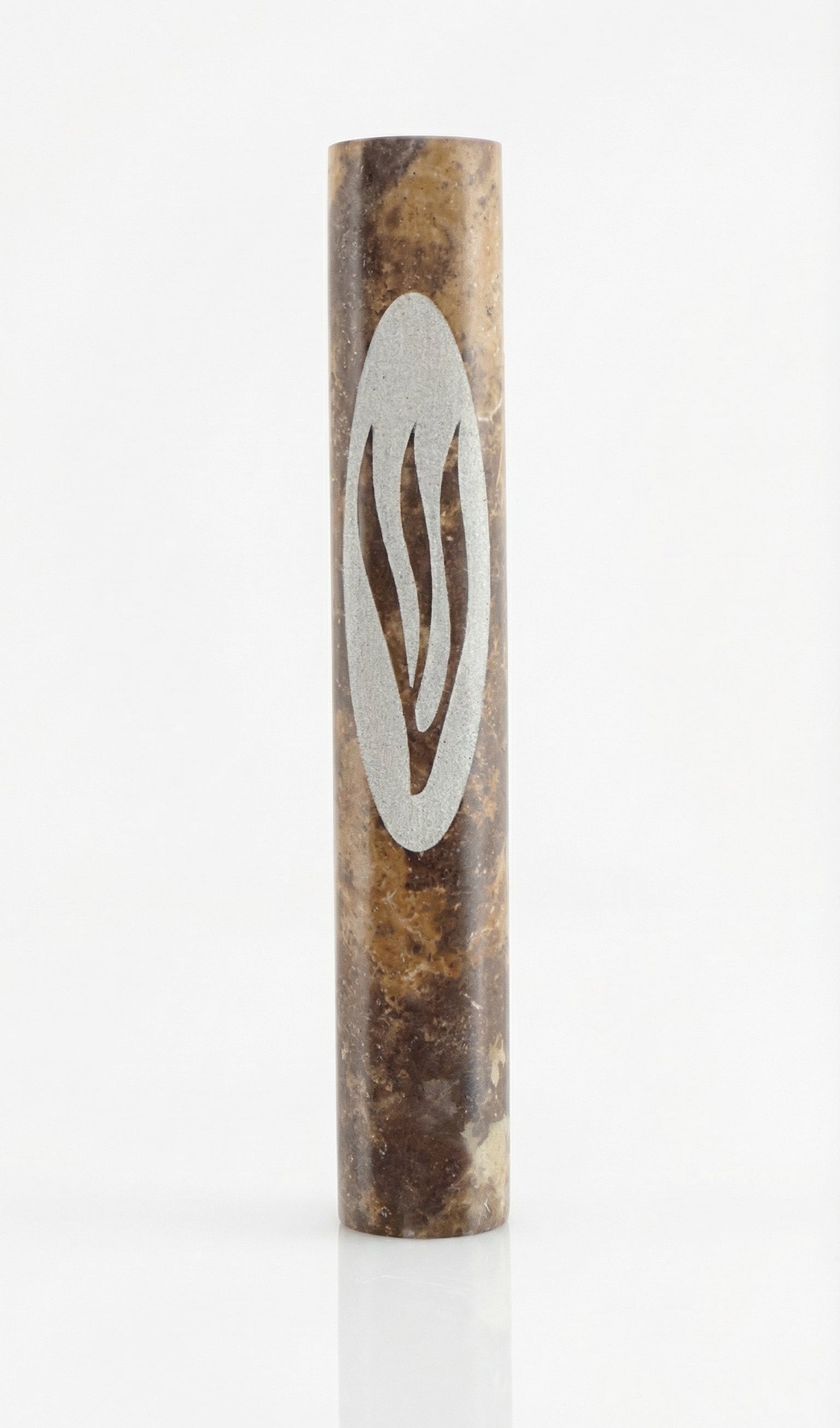 Brown marble mezuzah handcrafted in Israel with detailed engravings and Hebrew letters, presented on a pure white background with a soft reflection.