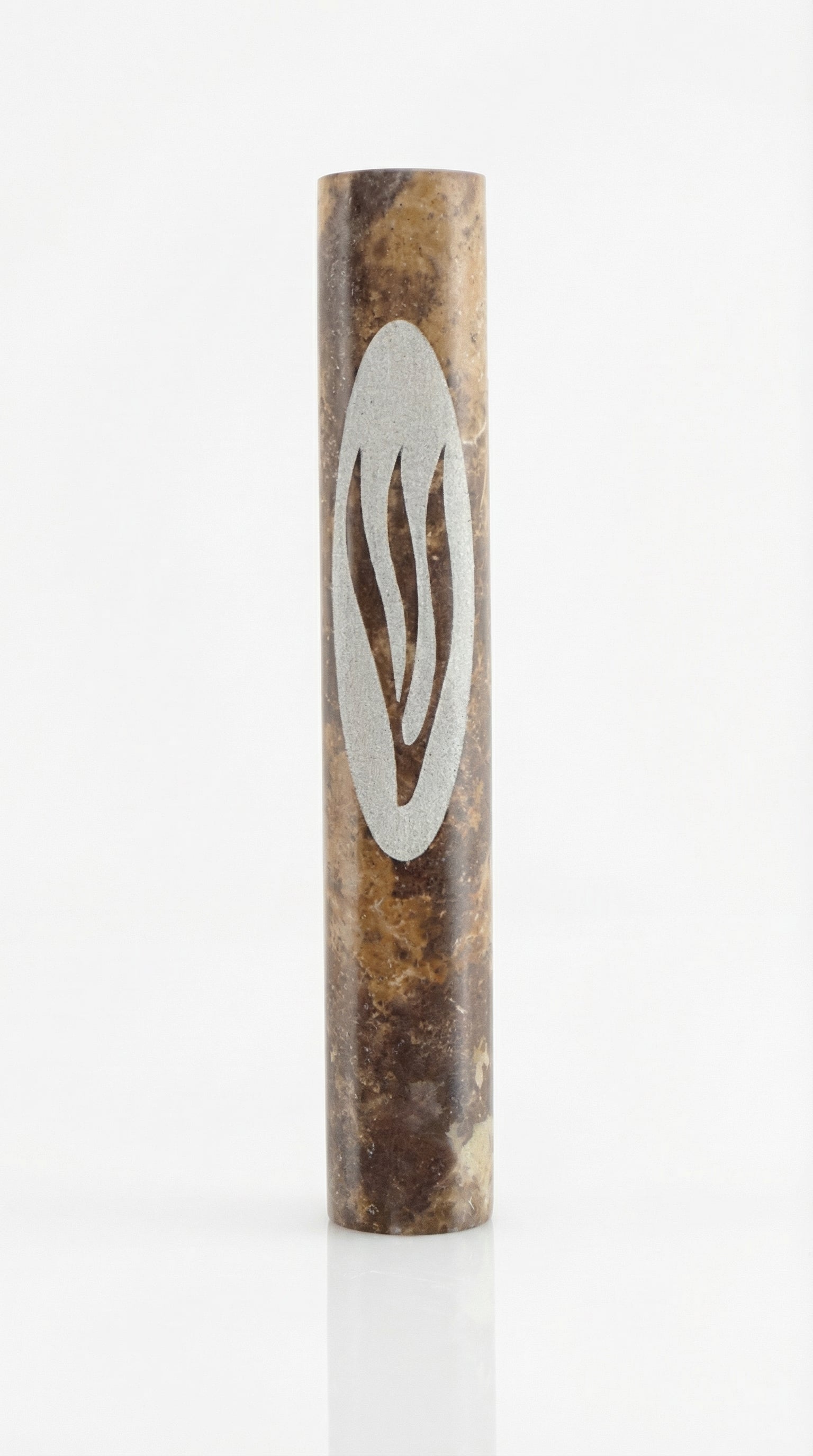 Brown marble mezuzah handcrafted in Israel with detailed engravings and Hebrew letters, presented on a pure white background with a soft reflection.