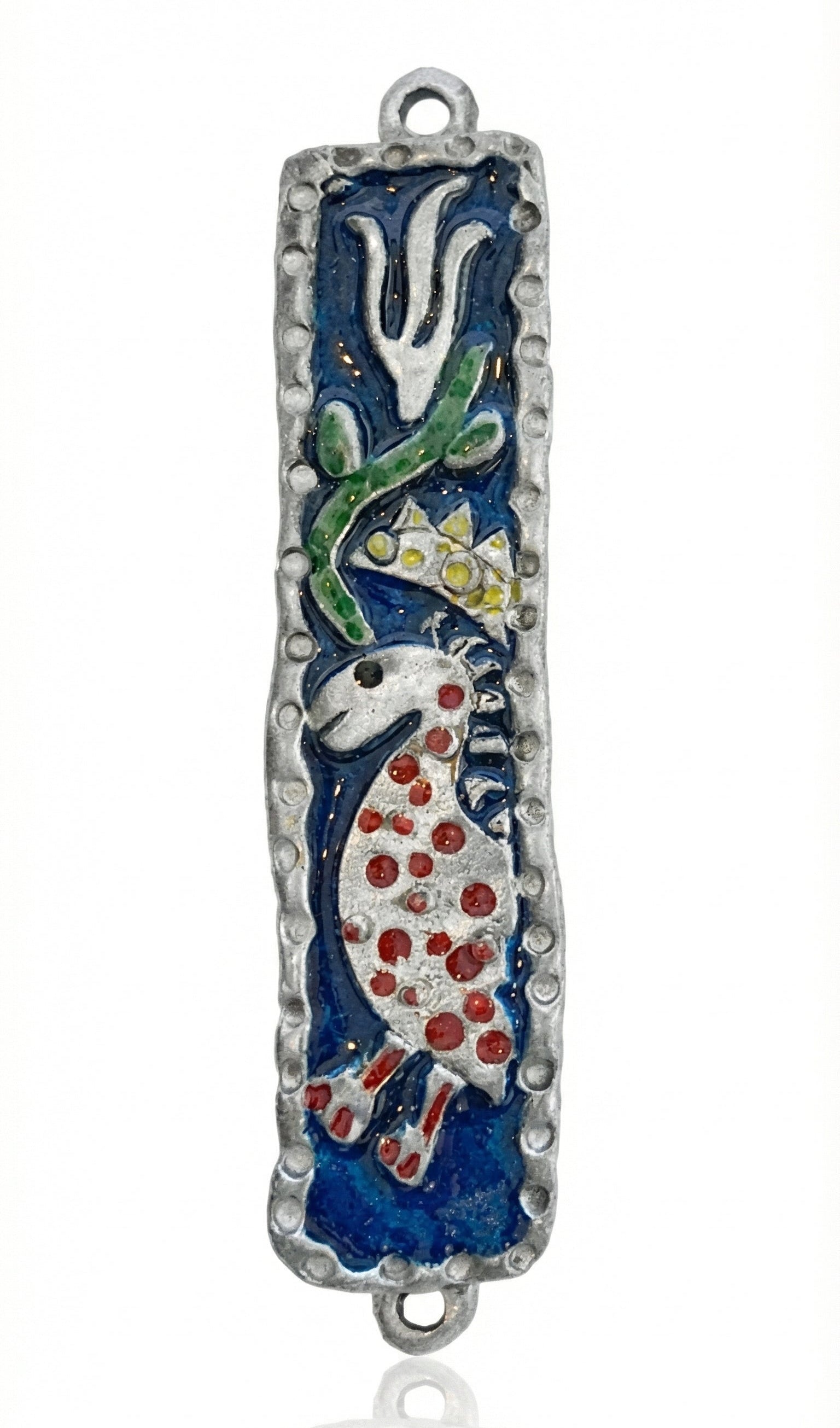 Upscale image of a Marc Chagall style Mezuzah with intricate Hebrew engravings, detailed motifs, on a bright white studio surface with light reflection.
