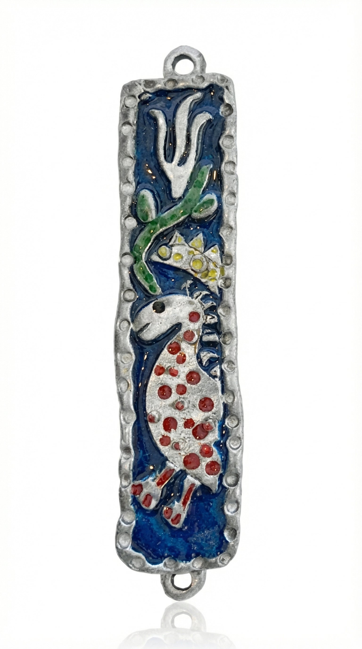 Upscale image of a Marc Chagall style Mezuzah with intricate Hebrew engravings, detailed motifs, on a bright white studio surface with light reflection.