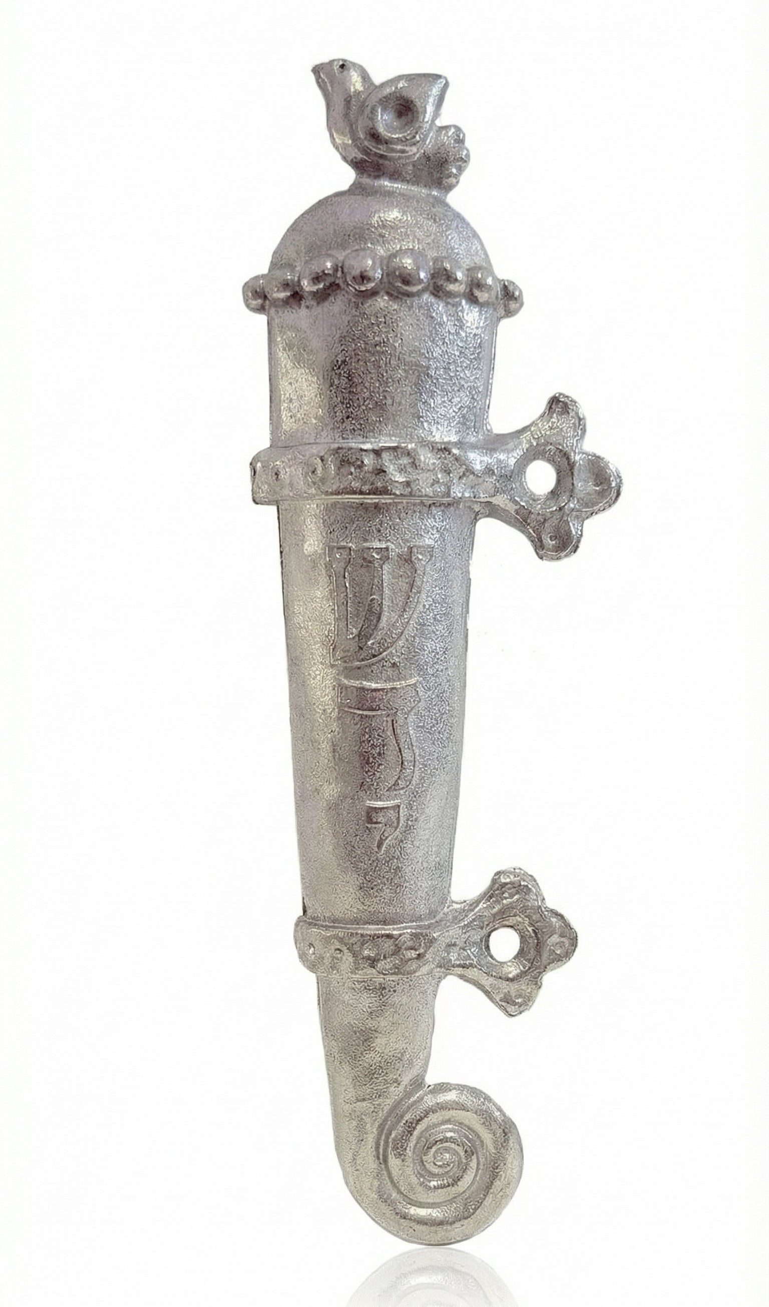 Elegant hand-crafted pewter medieval mezuzah with crown and bird detail, designed for home blessing and decorative door accents.