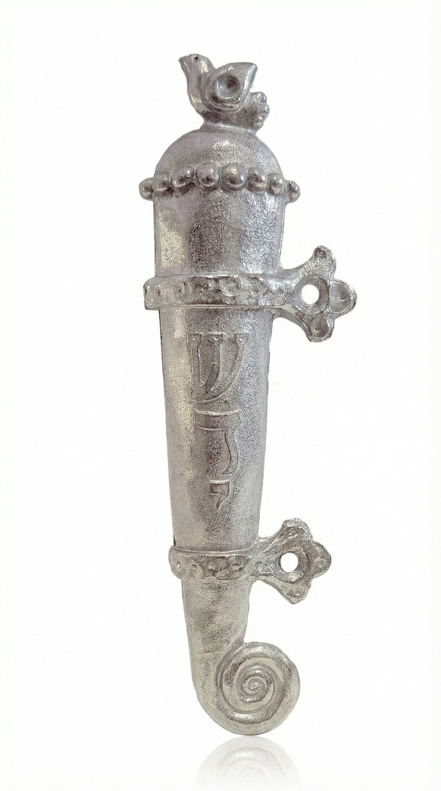 Elegant hand-crafted pewter medieval mezuzah with crown and bird detail, designed for home blessing and decorative door accents.
