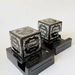 Mehudar Chabad gassot tefillin batim with silver-tooled adornment and black straps, ktav Alter Rebbe, Rashi tefillin boxes