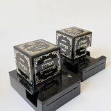 Mehudar Chabad gassot tefillin batim with silver-tooled adornment and black straps, ktav Alter Rebbe, Rashi tefillin boxes