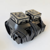 Mehudar Chabad gassot tefillin batim with silver-tooled adornment and black leather straps, ktav Alter Rebbe rabbeinu tam wrapped on boxes